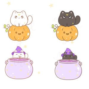 May include: Two sets of cute cartoon cats dressed as witches, one white and one black. The cats are sitting on top of orange pumpkins. The other two cats are wearing witch hats and stirring a purple cauldron.