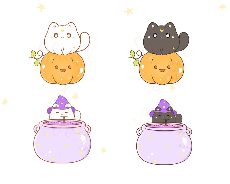 May include: Two sets of cute cartoon cats dressed as witches, one white and one black. The cats are sitting on top of orange pumpkins. The other two cats are wearing witch hats and stirring a purple cauldron.