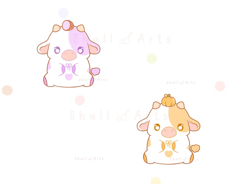 May include: Two cartoon cows, one pink and one orange, are sitting with their legs crossed. Both cows have a bow and a heart on their chest. The pink cow has a small pink bow on its head. The orange cow has a small orange pumpkin on its head. The background is white with a few light pink and yellow circles.