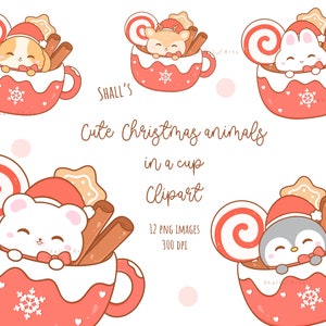 Kawaii Christmas animals in a cup Clipart, Christmas animals PNG, Christmas Clipart, Christmas sweets, Christmas cup, Labels, Commercial Use