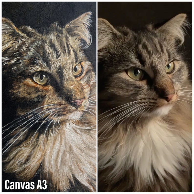 May include: A side-by-side comparison of a painting and a photograph of a tabby cat. The painting is on a canvas labeled "Canvas A3". The cat has green eyes and a white patch on its chest.