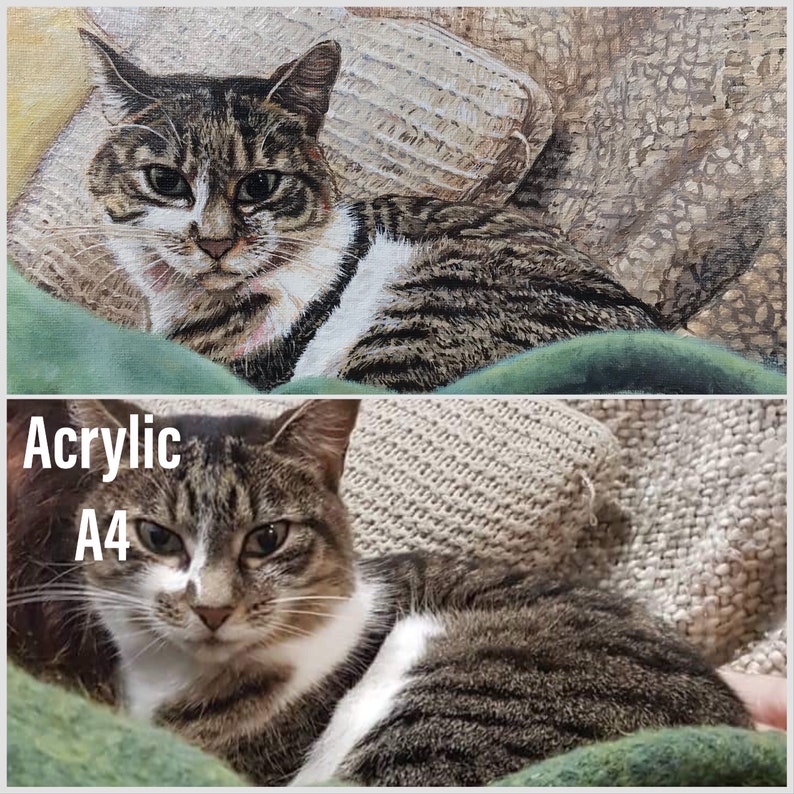 May include: A painting of a tabby cat with white markings, lying on a green and brown patterned fabric. The painting is titled "Acrylic A4" in white text.