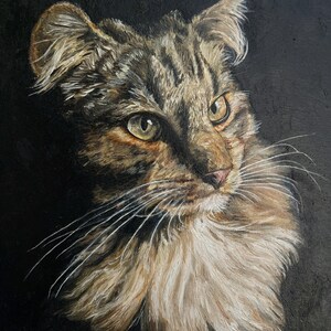 May include: A close-up painting of a tabby cat with green eyes. The cat has a white ruff and is looking to the right. The background is dark.