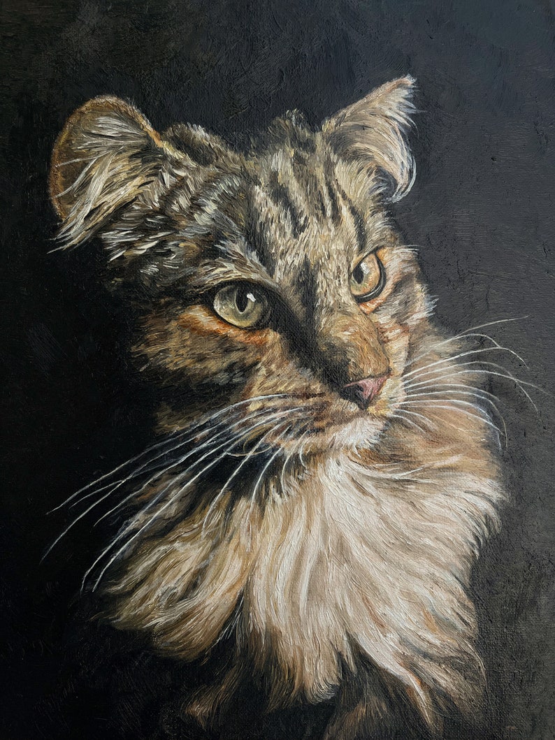 May include: A close-up painting of a tabby cat with green eyes. The cat has a white ruff and is looking to the right. The background is dark.