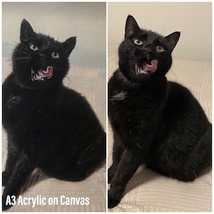 May include: A black cat with green eyes and a pink tongue sticking out, sitting on a light brown surface. The cat is looking to the right. A3 Acrylic on Canvas.