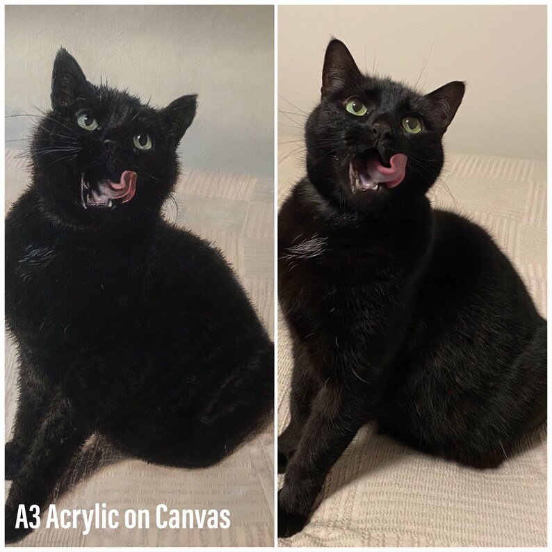 May include: A black cat with green eyes and a pink tongue sticking out, sitting on a light brown surface. The cat is looking to the right. A3 Acrylic on Canvas.