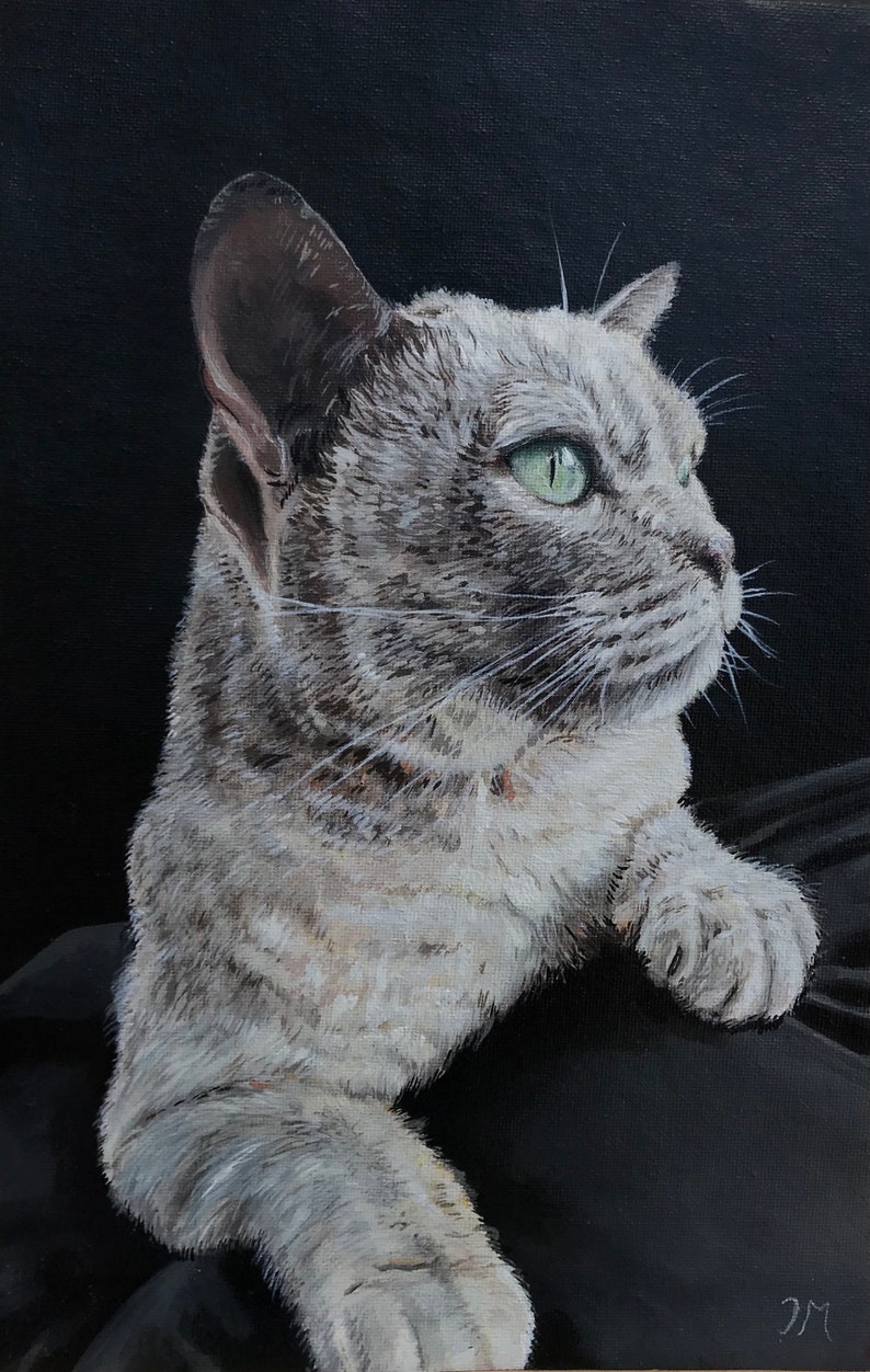 May include: A painting of a gray cat with green eyes, looking to the right. The cat is lying down on a black background.