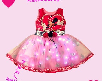 Pink MINNIE MOUSE Dress with Real Glitter Full Length Tutu Polka Dot Skirt Glitter Disney Princess Wear Pageant Birthday Christening Gown.