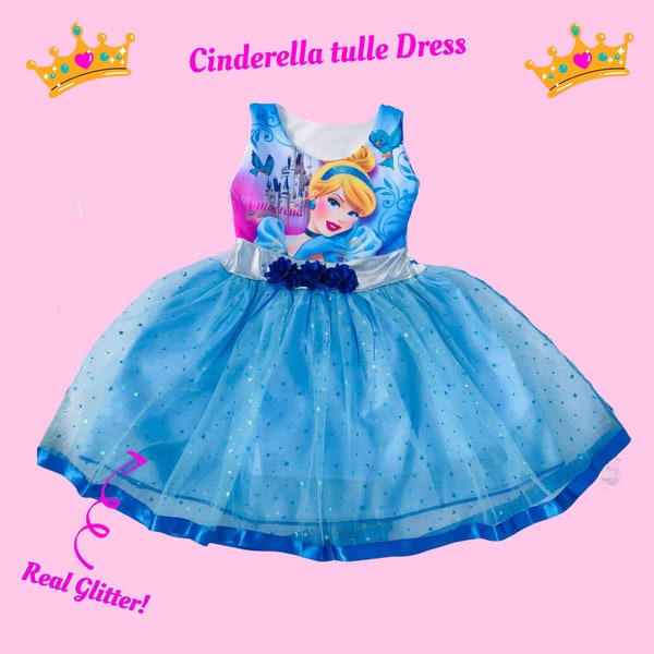 CINDERELLA DRESS with Real Glitter Full Ball Gown for Girls Blue Disney Princess Fantasy Luxury Dress Birthday Easter Christmas Costume.