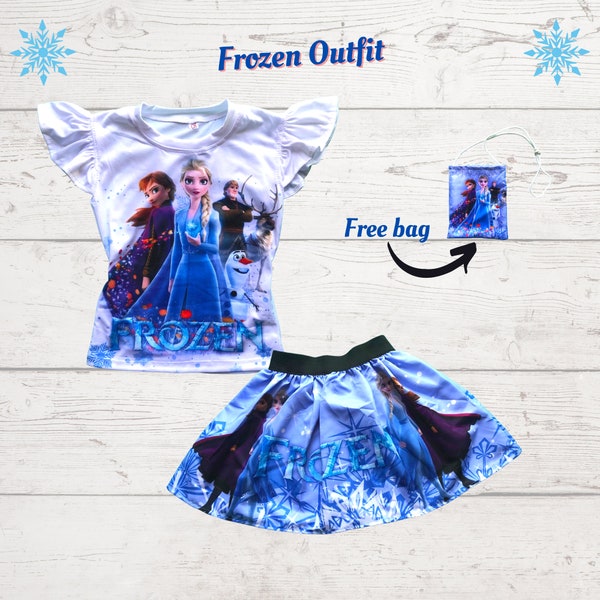 Frozen Outfit For Girls, Shirt and Skirt Birthday Outfit, Elsa and Anna Birthday Outfit, Frozen Free Bag Outfit, Frozen Casual Outfit.