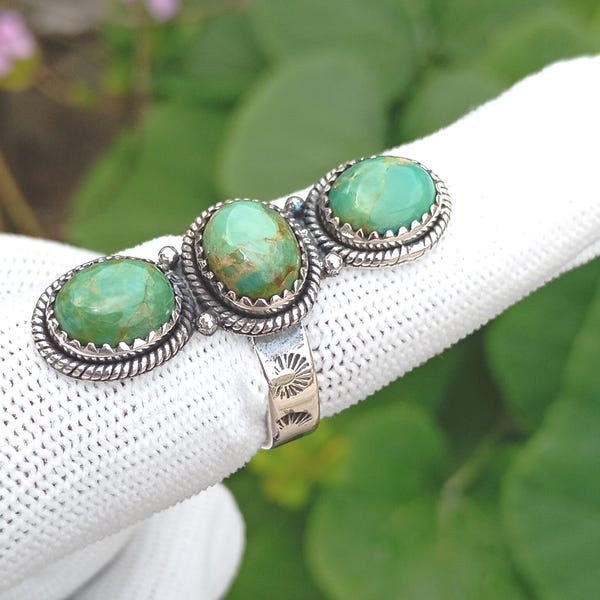Handgemachter Dreifach-Türkis-Ring aus Sterlingsilber: Boho Statement Schmuck Valentinstag Geschenke