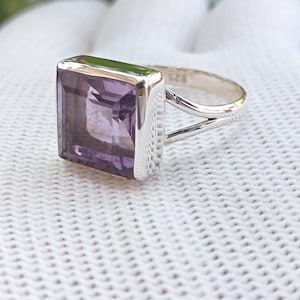 Handmade Amethyst Ring: Square Cut Sterling Silver February Birthstone Valentines Day Gifts