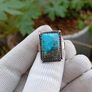 Anillo de plata esterlina turquesa: joyería bohemia rectangular hecha a mano con piedras preciosas, regalo para San Valentín.