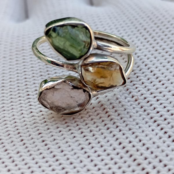 Roher Citrin Rosenquarz Moldavit Ring • 925 Sterling Silber Dreifach Edelstein Ring • Heilender Kristall