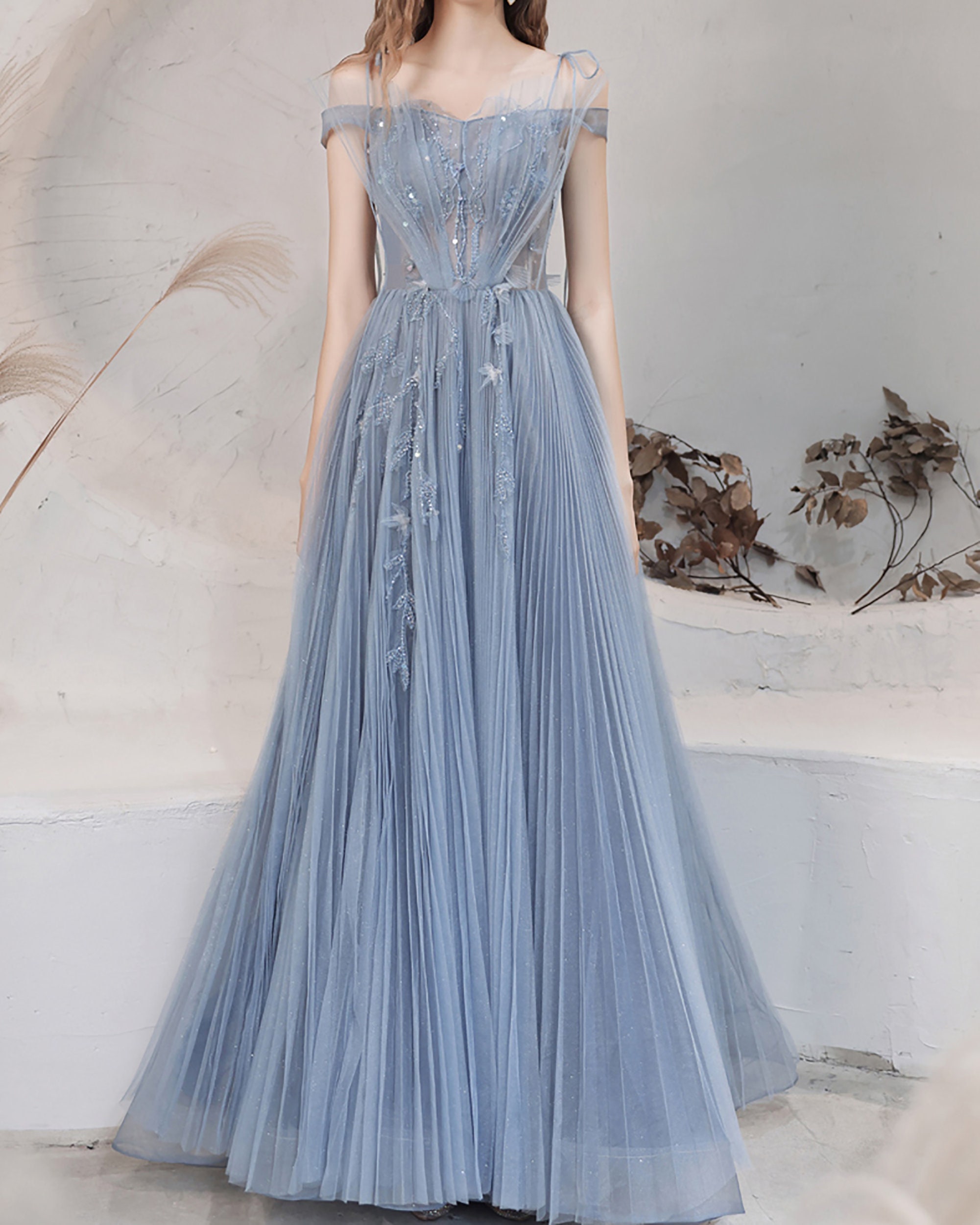 Blue Spaghetti Straps Prom Dress Off-Shoulder Dress Shinny | Etsy