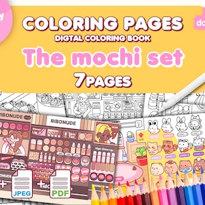 Può includere: Libro da colorare digitale intitolato "The Mochi Set" con 7 pagine. L'immagine presenta varie pagine da colorare, tra cui illustrazioni di mochi, trucco e altri simpatici disegni. Include i formati di file PNG, JPEG e PDF. Un cerchio rosa dice "Usa digitalmente o stampa".