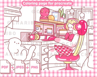 PC Room Coloring Page: Kawaii Gamer Girl (Digital Download)