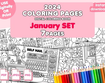 Charibo Art "2024 January Set" digital coloring book - Printable coloring pages, adult & kids coloring sheet, coloring Template