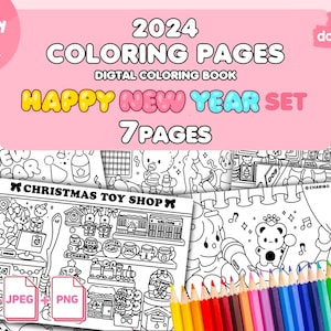 May include: A digital coloring book set for 2024, featuring "Happy New Year" and "Christmas Toy Shop" themes. The cover displays the text "2024 Coloring Pages" and "Happy New Year Set 7 Pages". Includes PDF, JPEG, and PNG formats. A bundle of coloring pages with a variety of illustrations.
