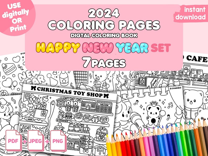 May include: A digital coloring book set for 2024, featuring "Happy New Year" and "Christmas Toy Shop" themes. The cover displays the text "2024 Coloring Pages" and "Happy New Year Set 7 Pages". Includes PDF, JPEG, and PNG formats. A bundle of coloring pages with a variety of illustrations.