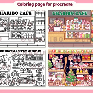 May include: A digital coloring page for Procreate featuring two scenes: a cafe and a Christmas toy shop. The cafe scene includes a counter, shelves with pastries, and coffee cups. The toy shop scene has shelves with toys and a Christmas tree.