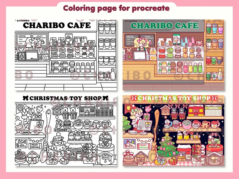 May include: A digital coloring page for Procreate featuring two scenes: a cafe and a Christmas toy shop. The cafe scene includes a counter, shelves with pastries, and coffee cups. The toy shop scene has shelves with toys and a Christmas tree.