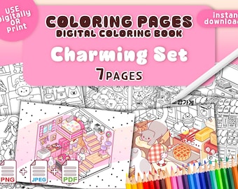 Digital Coloring Book, 2025 Charming Set 7 Pages, Procreate Coloring Sheets, Printable PDF for Kids & Adults, Instant Download