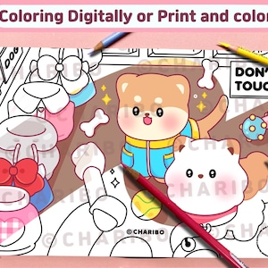 May include: Black and white line art coloring page with the text "Coloring Digitally or Print and color". The page features cartoon dogs, bones, and accessories. The words "DON'T TOUCH" are also visible.