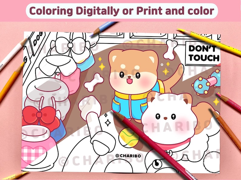 May include: Black and white line art coloring page with the text "Coloring Digitally or Print and color". The page features cartoon dogs, bones, and accessories. The words "DON'T TOUCH" are also visible.