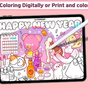 May include: A digital illustration on a tablet with the text "HAPPY NEW YEAR". The image features a pink bear, a calendar, and various food and drink items. A white stylus pen hovers over the image. The text "Coloring Digitally or Print and color" is at the top.
