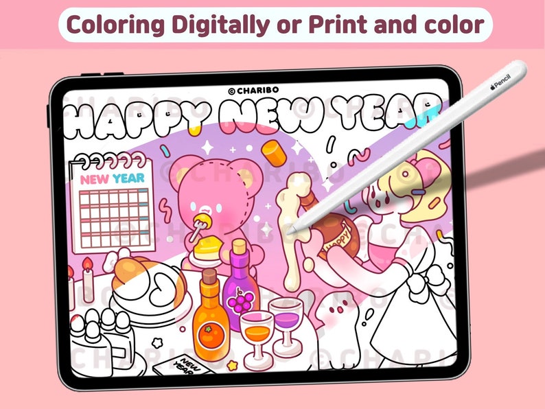 May include: A digital illustration on a tablet with the text "HAPPY NEW YEAR". The image features a pink bear, a calendar, and various food and drink items. A white stylus pen hovers over the image. The text "Coloring Digitally or Print and color" is at the top.