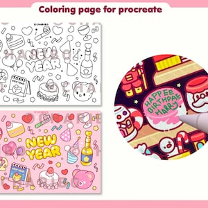 May include: Digital coloring pages for Procreate featuring New Year and birthday themes. The top image is a black and white outline, while the bottom image is a colored version. The text "Coloring page for procreate" is at the top.