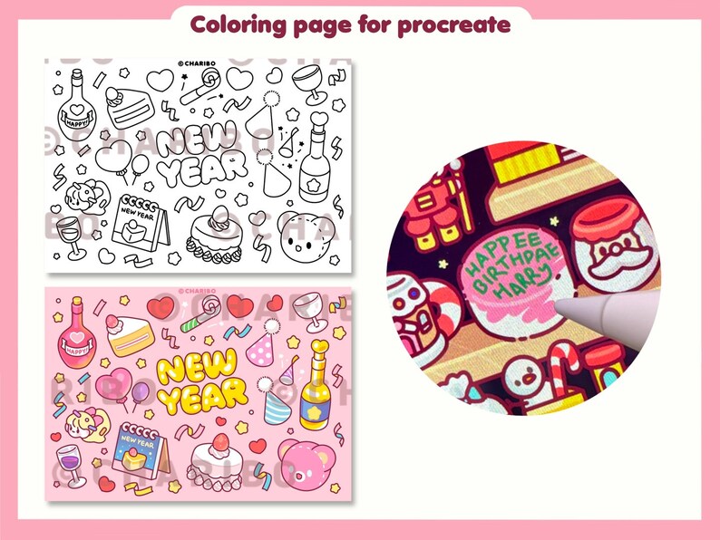 May include: Digital coloring pages for Procreate featuring New Year and birthday themes. The top image is a black and white outline, while the bottom image is a colored version. The text "Coloring page for procreate" is at the top.
