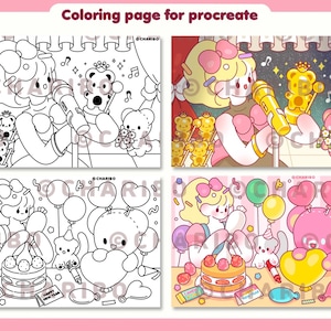 May include: A digital coloring page for Procreate featuring a cartoon girl singing into a microphone on a stage with teddy bears. The image includes balloons, a cake, and the text "Candy & Tea" and "Happy New Year".