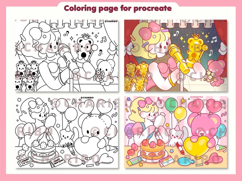 May include: A digital coloring page for Procreate featuring a cartoon girl singing into a microphone on a stage with teddy bears. The image includes balloons, a cake, and the text "Candy & Tea" and "Happy New Year".