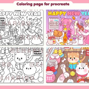 May include: A digital coloring page for Procreate featuring two panels. The top panels display a New Year's celebration with cartoon characters, food, and drinks. The bottom panels show cute dogs with toys and accessories. The text "HAPPY NEW YEAR" is visible.