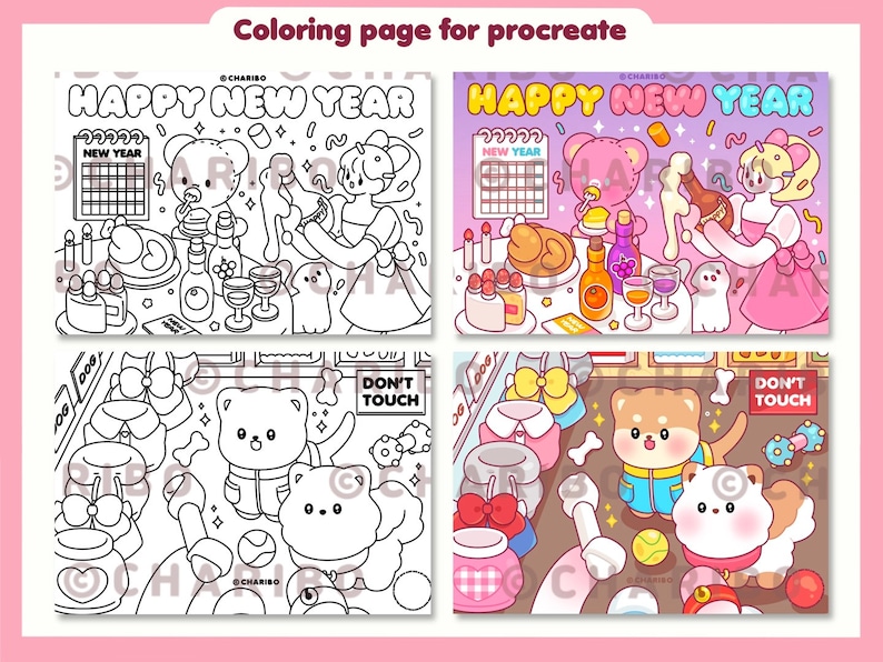 May include: A digital coloring page for Procreate featuring two panels. The top panels display a New Year's celebration with cartoon characters, food, and drinks. The bottom panels show cute dogs with toys and accessories. The text "HAPPY NEW YEAR" is visible.