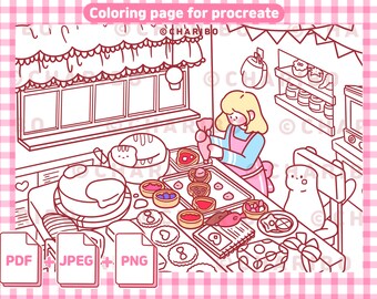 Ribo&#39;s Baking Hobby Coloring Page: Cat & Desserts (Digital Download)