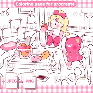 Ribo&#39;s Room Coloring Page: Kawaii Girl&#39;s Room (PDF, JPEG, PNG)