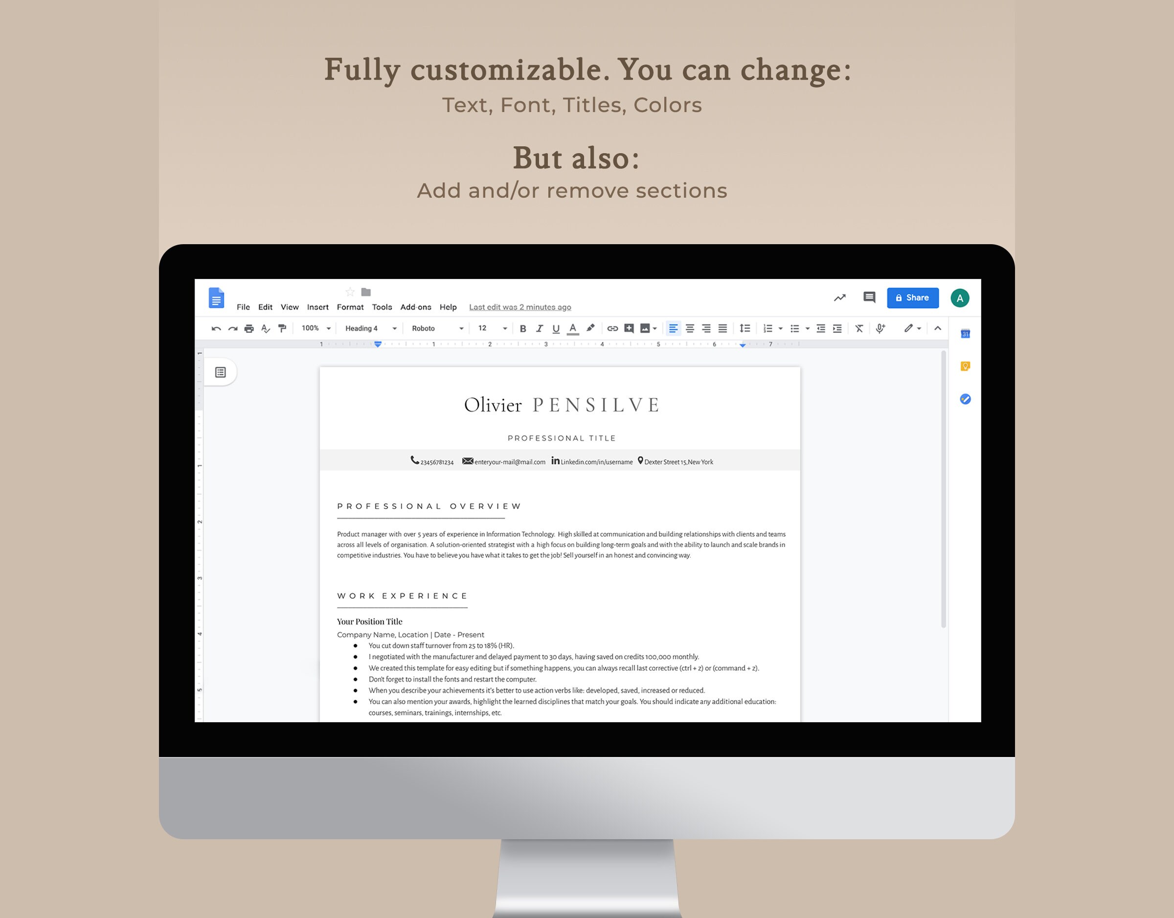 ATS Resume CV Template Professional Word and Google Docs Resume , CV