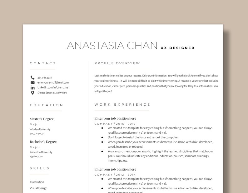 Resume CV for Ux/ui Designer ATS Compliant, Google Docs Resume, Word ...