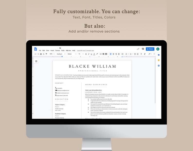 Minimalist CV Resume Template Google Docs Resume Word - Etsy