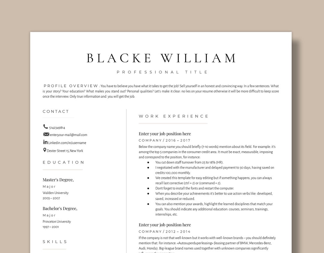 Minimalist CV Resume Template, Google Docs Resume, Word Document ...