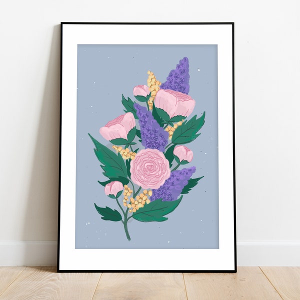 Beautiful instant download art print, printable floral wall art, botanical artwork, Bold Peony Purple Flowers, colorful wildflower