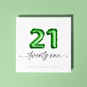 Carte de ballons verte 21e anniversaire, tout âge, carte d'anniversaire pour lui, 18e anniversaire, 30e anniversaire, joyeux anniversaire papa, fils, petit-fils, frère