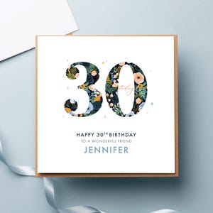 Carte 30e anniversaire floral bleu marine pour elle, fille, maman, sœur, meilleure amie, nièce, petite-fille, tout âge