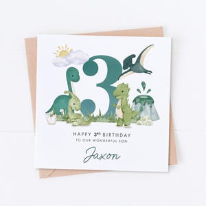 Carte personnalisée 3e anniversaire de dinosaure bleu sarcelle, anniversaire de dinosaure, 1er et 2e anniversaire, anniversaire d'enfants, anniversaire d'enfants, carte fille fils