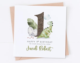 Personalised Boy Dinosaur 1st Birthday Card, Dinosaur Birthday, First Birthday, Kids Birthday, Children's Birthday, Daughter Card, Son Card
