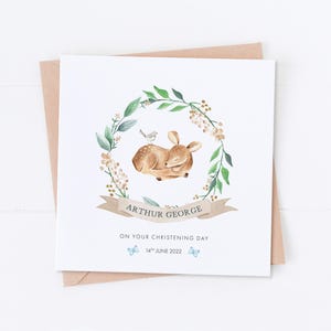 Carte de baptême personnalisée cerf bleu, carte de baptême garçon, carte de baptême de fils, animaux de la forêt