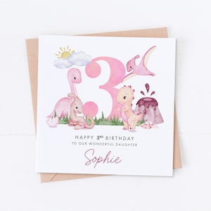 Carte personnalisée 3e anniversaire dinosaure rose, anniversaire dinosaure, 1er et 2e anniversaire, anniversaire d'enfants, anniversaire d'enfants, carte fille fils